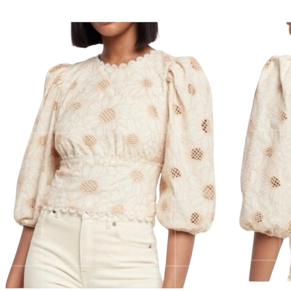 Express Floral Embroidered Open Back Puff Sleeve Lace Trim Top Medium